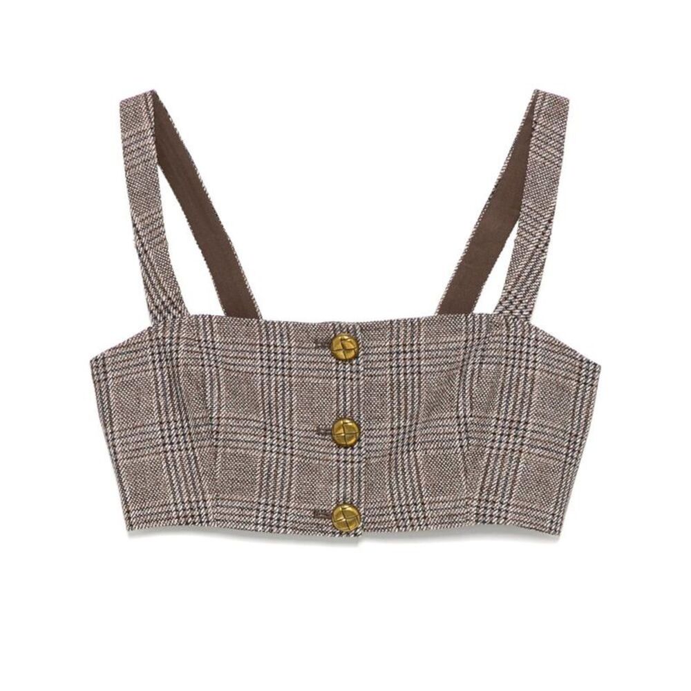 SELF-PORTRAIT Plaid Cropped Bustier Top Women BROWN Shirts
